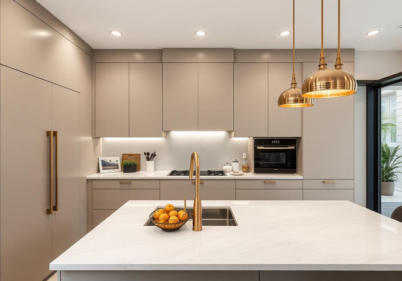 Modern modular kitchen with brass fixtures