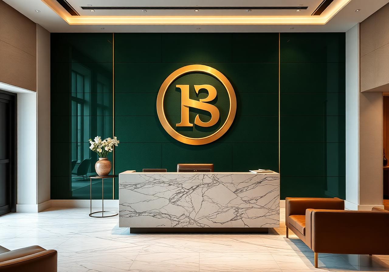 Corporate reception with marble desk and brass detailing